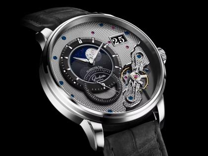 Glashütte Original PanoLunarInverse Automatik Platin 42mm silbernes Zifferblatt graues Lederband Limited Edition – Herrenuhren Uhr mit Kalender aus 950 Platin. Das Gehäuse ist rund und silber. Das Lederarmband Kroko / Alligator ist grau. Das Zifferblatt ist ein Index in silber. – Ansicht 2