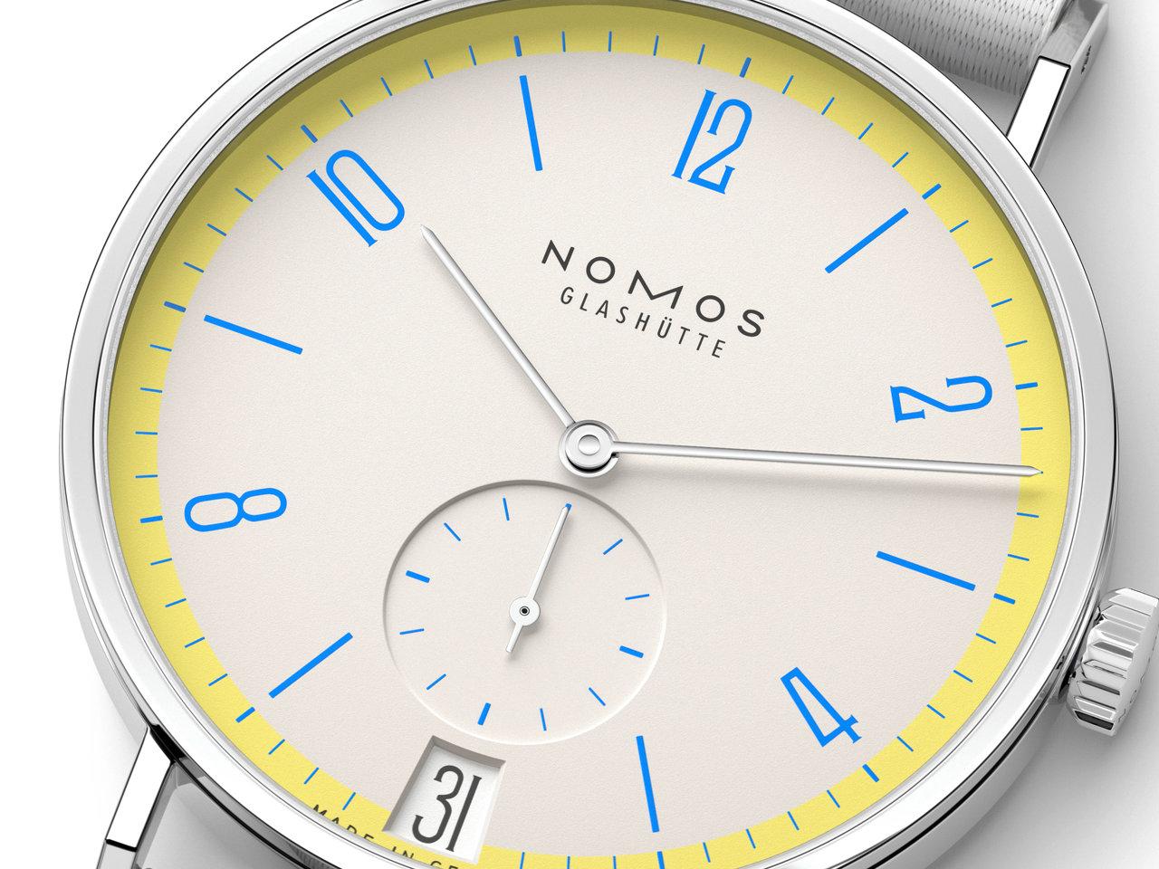 Nomos Glashütte Tangente 38 Datum "175 Years Watchmaking - Lemonbiscuit" Handaufzug Edelstahl cremeweißes Zifferblatt graues Textilband Glasboden – Herrenuhren Uhr mit Datum aus Edelstahl. Das Gehäuse ist rund und silber. Das Textilarmband ist grau. Das Zifferblatt ist arabisch Index und beige. – Ansicht 4