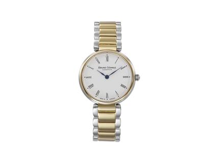 Bruno Söhnle Glashütte Salerno II Quarz Edelstahl IP-Gelbgold 32,5mm weißes Zifferblatt bicolor Metallband – Damenuhren Uhr ohne Datum aus Edelstahl und IP beschichtet. Das Gehäuse ist rund und silber-gelbgold. Das vergoldetes Edelstahlarmband ist silber-gelbgold. Das Zifferblatt ist römisch und weiß.