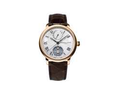 Frederique Constant Slimline Monolithic Manufacture Automatik Roségold 40mm weißes Zifferblatt braunes Lederband limitierte Edition – Herrenuhren Uhr mit Datum aus 750 Rotgold. Das Gehäuse ist rund und roségold. Das Lederarmband Kroko / Alligator ist braun. Das Zifferblatt ist römisch und silber.