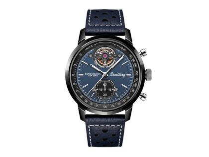 Breitling Top Time B21 Shelby Cobra Tourbillon Automatik Keramik blaues Zifferblatt blaues Lederband – Herrenuhren Chronograph aus Keramik. Das Gehäuse ist rund und schwarz. Das Lederarmband ist blau. Das Zifferblatt ist ein Index in blau.