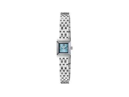 Gucci G-Frame Quarz Edelstahl 14x18mm blaues Zifferblatt Metallband YA128540 – Damenuhren Uhr ohne Datum aus Edelstahl. Das Gehäuse ist quadratisch und silber. Das Edelstahlarmband ist silber. Das Zifferblatt ist ein Index in blau.