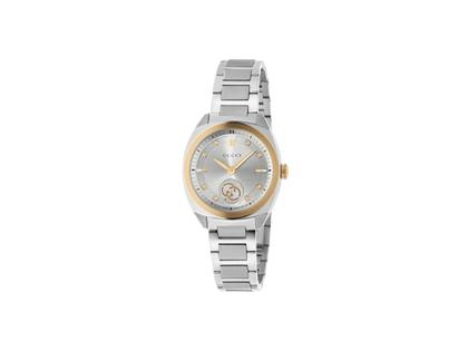 Gucci Interlocking Quarz Edelstahl PVD-Roségold 29mm silbernes Zifferblatt Metallband YA142514 – Damenuhren Uhr ohne Datum aus Edelstahl, PVD beschichtet und vergoldet. Das Gehäuse ist rund und silber. Das Edelstahlarmband ist silber. Das Zifferblatt ist ein Index in silber.