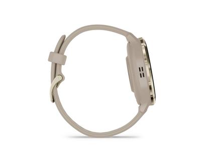 Garmin Venu 3S faserverstärktes Polymer French Grey 41mm beigefarbenes Kautschukband – Herrenuhren Uhr Multifunktion aus Edelstahl, Kautschuk, Kunststoff und PVD beschichtet. Das Gehäuse ist rund und beige. Das Kautschuk / Kunststoff / Silikon Armband ist beige. Das Zifferblatt ist digital und schwarz. – Ansicht 6