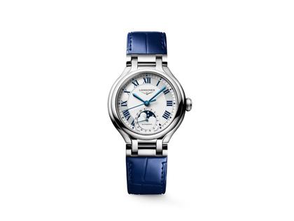 Longines PrimaLuna Mondphase Automatik Edelstahl 34mm weißes Zifferblatt blaues Lederband – Damenuhren Uhr mit Datum aus Edelstahl und Leder. Das Gehäuse ist rund und silber. Das Lederarmband Kroko / Alligator ist blau. Das Zifferblatt ist römisch und weiß.