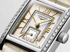 Longines DolceVita   Mini Quarz Edelstahl 22x29mm Brillantbesatz gelbes Zifferblatt gelbes Lederband – Damenuhren Uhr ohne Datum aus Edelstahl, Leder und vergoldet. Das Gehäuse ist rechteckig und silber. Das Lederarmband Kroko / Alligator ist gelb. Das Zifferblatt ist römisch und gelb. – Ansicht 2