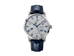 Glashütte Original Senator Excellence Ewiger Kalender Automatik Edelstahl 42mm silbergraues Zifferblatt blaues Lederband – Herrenuhren Uhr mit Kalender aus Edelstahl. Das Gehäuse ist rund und silber. Das Lederarmband Kroko / Alligator ist blau. Das Zifferblatt ist römisch und grau.