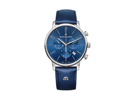 Maurice Lacroix Eliros Chronograph Edelstahl 40mm blaues Zifferblatt blaues Lederband – Herrenuhren Chronograph aus Edelstahl. Das Gehäuse ist rund und silber. Das Lederarmband ist blau. Das Zifferblatt ist arabisch Index und blau.