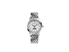 Frederique Constant Slimline Ladies Moonphase Quarz Edelstahl 30mm weißes Zifferblatt Metallband – Damenuhren Uhr ohne Datum aus Edelstahl. Das Gehäuse ist rund und silber. Das Edelstahlarmband ist silber. Das Zifferblatt ist römisch Index und weiß.