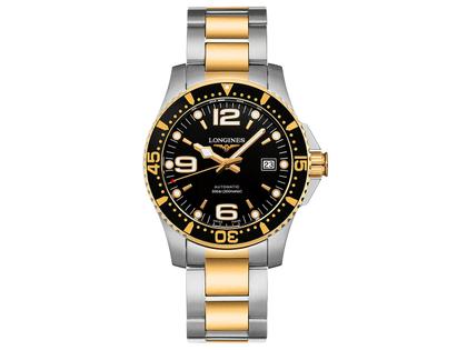 Longines HydroConquest Herrenuhr Automatik 41mm PVD gelb Edelstahl schwarz Metallband – Herrenuhren Uhr mit Datum aus Edelstahl. Das Gehäuse ist rund und silber-gelbgold. Das vergoldetes Edelstahlarmband ist silber-gelbgold. Das Zifferblatt ist arabisch Index und schwarz.