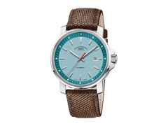 Mühle Glashütte 29er Big Südseeblau Automatik Edelstahl 42,4mm blaues Zifferblatt braunes Canvasband – Herrenuhren Uhr mit Datum aus Edelstahl und Leder. Das Gehäuse ist rund und silber. Das Textilarmband ist braun. Das Zifferblatt ist ein Index in blau.