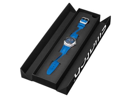 Swatch Irony Lady Blossom Time Blue Petal Promise Quarz Edelstahl 33mm blaues Zifferblatt blaues Lederband – Damenuhren Uhr ohne Datum aus Edelstahl und Leder. Das Gehäuse ist rund und silber. Das Lederarmband ist blau. Das Zifferblatt ist ohne Zeichen und blau. – Ansicht 7