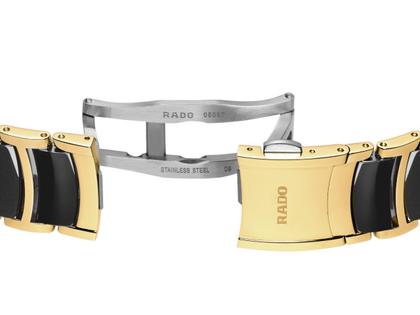 Rado Centrix Diamonds Quarz Edelstahl Gelbgold-PVD 35mm schwarzes Perlmutt-Zifferblatt mit Brillanten Metallband – Damenuhren Uhr mit Datum aus Edelstahl, Keramik und PVD beschichtet. Das Gehäuse ist rund und gelbgold. Das Edelstahlarmband ist gelbgold. Das Zifferblatt ist ein Index in schwarz. – Ansicht 5