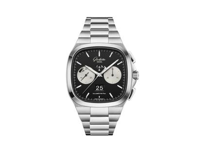 Glashütte Original Seventies Chronograph XV Limited Edition Automatik Edelstahl 40mm schwarzes Zifferblatt Metallband – Herrenuhren Chronograph aus 750 Weißgold und Edelstahl. Das Gehäuse ist quadratisch und silber. Das Edelstahlarmband ist silber. Das Zifferblatt ist ein Index in schwarz.
