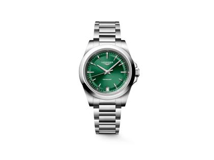 Longines Conquest Quarz Edelstahl 34mm grünes Zifferblatt Metallband – Damenuhren Uhr mit Datum aus Edelstahl. Das Gehäuse ist rund und silber. Das Edelstahlarmband ist silber. Das Zifferblatt ist ein Index in grün.