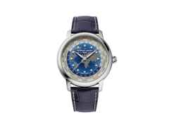 Frederique Constant Manufacture Classic Worldtimer Automatik Edelstahl 40mm blaues Zifferblatt blaues Lederband – Herrenuhren Uhr ohne Datum aus Edelstahl und Leder. Das Gehäuse ist rund und silber. Das Lederarmband Kroko / Alligator ist blau. Das Zifferblatt ist ein Index in blau.