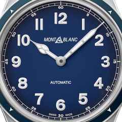 Montblanc 1858 Automatic 40mm blau – Herrenuhren Uhr ohne Datum aus Bronze und Edelstahl. Das Gehäuse ist rund und silber. Das Lederarmband ist blau. Das Zifferblatt ist arabisch und blau. – Ansicht 3