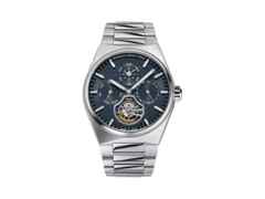 Frederique Constant Highlife Tourbillon Perpetual Calendar Manufacture Automatik Edelstahl 41mm blaues Zifferblatt Metallband – Herrenuhren Uhr mit Kalender aus Edelstahl und Leder. Das Gehäuse ist rund und silber. Das Edelstahlarmband ist silber. Das Zifferblatt ist ein Index in blau.