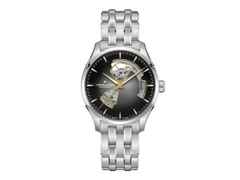 Hamilton Jazzmaster Open Heart Automatik Edelstahl 40mm schwarzes Zifferblatt Metallband – Herrenuhren Uhr ohne Datum aus Edelstahl. Das Gehäuse ist rund und silber. Das Edelstahlarmband ist silber. Das Zifferblatt ist ein Index in schwarz.