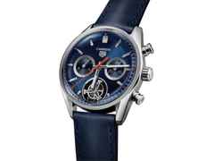 TAG Heuer Carrera Chronograph Tourbillon Automatik Edelstahl 42mm blaues Zifferblatt blaues Lederband – Herrenuhren Chronograph aus Edelstahl und Leder. Das Gehäuse ist rund und silber. Das Lederarmband ist blau. Das Zifferblatt ist ein Index in blau. – Ansicht 2