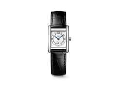 Longines DolceVita   Mini Quarz Edelstahl 22x29mm silbernes Zifferblatt schwarzes Lederband – Damenuhren Uhr ohne Datum aus Edelstahl und Leder. Das Gehäuse ist rechteckig und silber. Das Lederarmband Kroko / Alligator ist schwarz. Das Zifferblatt ist römisch und weiß.