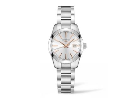 Longines Conquest Classic Damenuhr Quarz 29,5mm Stahl silber Edelstahlband – Damenuhren Uhr mit Datum aus Edelstahl. Das Gehäuse ist rund und silber. Das Edelstahlarmband ist silber. Das Zifferblatt ist ein Index in silber.