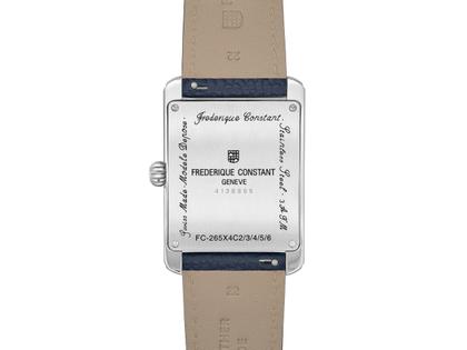Frederique Constant Classics Carree Calendar Moonphase Quarz Edelstahl 42x30mm blaues Zifferblatt blaues Lederband – Herrenuhren Uhr mit Datum aus Edelstahl. Das Gehäuse ist rechteckig und silber. Das Lederarmband ist blau. Das Zifferblatt ist ein Index in blau. – Ansicht 2