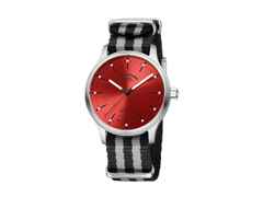 Mühle Glashütte Panova Rot Automatik Edelstahl 40mm schwarz-weißes Textilband – Herrenuhren Uhr ohne Datum aus Edelstahl und Leder. Das Gehäuse ist rund und silber. Das Textilarmband ist schwarz. Das Zifferblatt ist ein Index in rot.