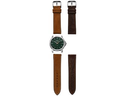 Mühle Glashütte 29er Casual Edition 30 Jahre Deutsche Einheit Automatik Edelstahl 42,4mm grünes Zifferblatt braunes Lederband – Herrenuhren Uhr mit Datum aus Edelstahl und Leder. Das Gehäuse ist rund und silber. Das Lederarmband ist braun. Das Zifferblatt ist ein Index in grün. – Ansicht 8