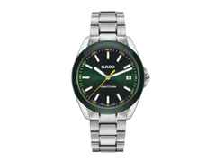 Rado HyperChrome Quarz Edelstahl 41,5mm grünes Zifferblatt Metallband – Herrenuhren Uhr mit Datum aus Edelstahl und Keramik. Das Gehäuse ist rund und silber. Das Edelstahlarmband ist silber. Das Zifferblatt ist ein Index in grün.