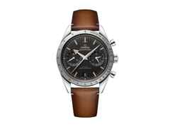 Omega Speedmaster '57 Chronograph Handaufzug Edelstahl 40mm schwarzes Zifferblatt Lederband – Herrenuhren Chronograph aus Edelstahl. Das Gehäuse ist rund und silber. Das Lederarmband ist braun. Das Zifferblatt ist ein Index in schwarz.