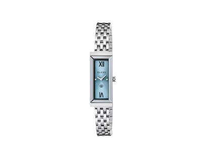Gucci G-Frame Quarz Edelstahl 14x34mm blaues Zifferblatt Metallband YA127517 – Damenuhren Uhr ohne Datum aus Edelstahl. Das Gehäuse ist quadratisch und silber. Das Edelstahlarmband ist silber. Das Zifferblatt ist ein Index in blau.
