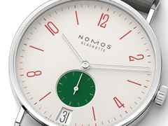 Nomos Glashütte Tangente 38 Datum "175 Years Watchmaking - Go" Handaufzug Edelstahl cremeweißes Zifferblatt graues Textilband Glasboden – Herrenuhren Uhr mit Datum aus Edelstahl. Das Gehäuse ist rund und silber. Das Textilarmband ist grau. Das Zifferblatt ist arabisch Index und beige. – Ansicht 3