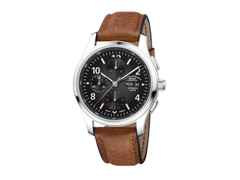 Mühle Glashütte Lunova Chronograph Automatik Edelstahl 42,3mm schwarz-graues Zifferblatt Vintage-Lederband – Herrenuhren Chronograph aus Edelstahl. Das Gehäuse ist rund und silber. Das Lederarmband ist braun. Das Zifferblatt ist arabisch Index und schwarz.