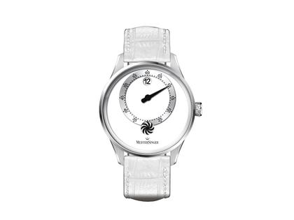 MeisterSinger Panthero Jumping Hour Automatik Edelstahl 40,5mm weißes Zifferblatt weißes Lederband – Herrenuhren Uhr mit Datum aus Edelstahl und Leder. Das Gehäuse ist rund und silber. Das Lederarmband ist weiß. Das Zifferblatt ist arabisch Index und weiß.