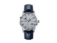 Glashütte Original Senator Excellence Panoramadatum Mondphase Automatik Edelstahl 40mm silbernes Zifferblatt blaues Lederband – Herrenuhren Uhr mit Datum aus Edelstahl. Das Gehäuse ist rund und silber. Das Lederarmband Kroko / Alligator ist blau. Das Zifferblatt ist römisch und grau.