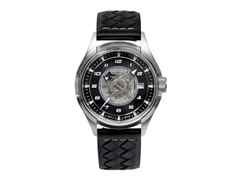 UMF Ruhla Colani Design 2025 Limited Edition Automatik Edelstahl 43mm schwarzes Zifferblatt schwarzes Lederband – Herrenuhren Uhr mit Datum aus Edelstahl. Das Gehäuse ist rund und silber. Das Lederarmband ist schwarz. Das Zifferblatt ist arabisch Index und schwarz.