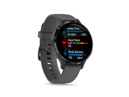 Garmin Venu 3S faserverstärktes Polymer kieselgrau 41mm kieselgraues Kautschukband – Herrenuhren Uhr Multifunktion aus Edelstahl, Kautschuk, Kunststoff und PVD beschichtet. Das Gehäuse ist rund und anthrazit. Das Kautschuk / Kunststoff / Silikon Armband ist anthrazit. Das Zifferblatt ist digital und schwarz. – Ansicht 7