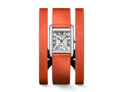 Longines DolceVita   Mini Quarz Edelstahl 22x29mm silbernes Zifferblatt orangefarbenes Lederband – Damenuhren Uhr ohne Datum aus Edelstahl und Leder. Das Gehäuse ist rechteckig und silber. Das Lederarmband ist orange. Das Zifferblatt ist römisch und silber. – Ansicht 5