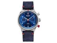 Hanhart Red X Blau Handaufzug Edelstahl 39mm blaues Zifferblatt blaues Lederband – Herrenuhren Chronograph aus Edelstahl, Keramik, Kunststoff und Leder. Das Gehäuse ist rund und silber. Das Lederarmband ist blau. Das Zifferblatt ist arabisch Index und blau.