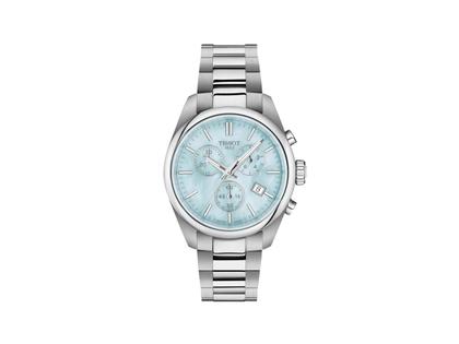 Tissot PR 100 Chronograph Quarz Edelstahl 36mm blaues Perlmutt-Zifferblatt Metallband – Damenuhren Chronograph aus Edelstahl. Das Gehäuse ist rund und silber. Das Edelstahlarmband ist silber. Das Zifferblatt ist ein Index in blau.