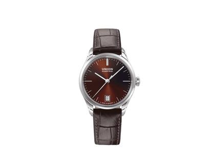 Union Glashütte Viro Datum Automatik Edelstahl 34mm braunes Zifferblatt schwarzes Lederband – Damenuhren Uhr mit Datum aus Edelstahl. Das Gehäuse ist rund und silber. Das Lederarmband ist braun. Das Zifferblatt ist ein Index in braun.