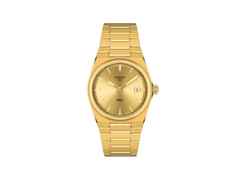 Tissot PRX Quarz Edelstahl 35mm goldenes Zifferblatt Metallband – Damenuhren Uhr mit Datum aus Edelstahl. Das Gehäuse ist rund und gelbgold. Das Edelstahlarmband ist silber. Das Zifferblatt ist ein Index in gelbgold.