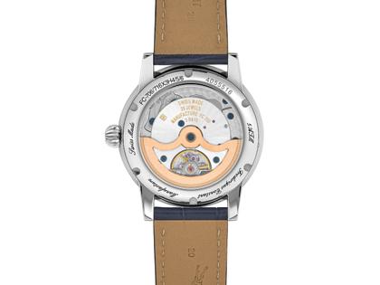 Frederique Constant Classic Moonphase Date Manufacture Automatik Edelstahl 40mm blaues Zifferblatt blaues Lederband – Herrenuhren Uhr mit Datum aus Edelstahl und Leder. Das Gehäuse ist rund und silber. Das Lederarmband Kroko / Alligator ist blau. Das Zifferblatt ist ein Index in blau. – Ansicht 3