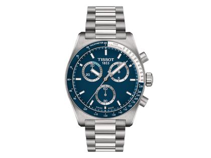 Herrenuhren Chronograph aus Edelstahl. Das Gehäuse ist rund und silber. Das Edelstahlarmband ist silber. Das Zifferblatt ist ein Index in blau.