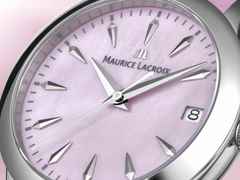 Maurice Lacroix 1975 Quarz Edelstahl 33mm rosafarbenes Perlmutt-Zifferblatt rosafarbenes Lederband – Damenuhren Uhr mit Datum aus Edelstahl und Leder. Das Gehäuse ist rund und silber. Das Lederarmband ist rosa. Das Zifferblatt ist ein Index in rosa. – Ansicht 2