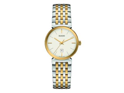 Damenuhren Uhr mit Datum aus Edelstahl und PVD beschichtet. Das Gehäuse ist rund und silber-gelbgold. Das Edelstahlarmband ist silber-gelbgold. Das Zifferblatt ist ein Index in beige.