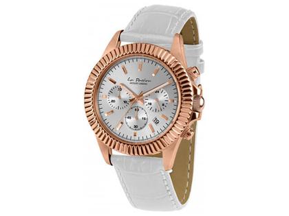 Jacques Lemans La Passion Quarz  Chrono  IP rosé Edelstahl silber Lederband – Herrenuhren Chronograph aus Edelstahl. Das Gehäuse ist rund und roségold. Das Lederarmband ist weiß. Das Zifferblatt ist ein Index in silber.