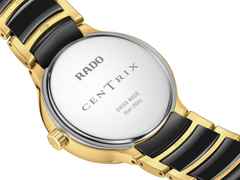 Rado Centrix Diamonds Quarz Edelstahl Gelbgold-PVD 35mm schwarzes Perlmutt-Zifferblatt mit Brillanten Metallband – Damenuhren Uhr mit Datum aus Edelstahl, Keramik und PVD beschichtet. Das Gehäuse ist rund und gelbgold. Das Edelstahlarmband ist gelbgold. Das Zifferblatt ist ein Index in schwarz. – Ansicht 4