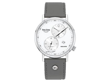 Bruno Söhnle Glashütte Rondo Herrenuhr   Automatik Regulator Edelstahl weiß Lederband grau – Herrenuhren Uhr mit Datum aus Edelstahl. Das Gehäuse ist rund und silber. Das Lederarmband ist grau. Das Zifferblatt ist arabisch Index und weiß.